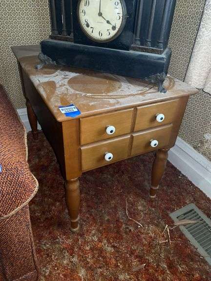 Pair Early American end stands w/ drawers, porcelain knobs