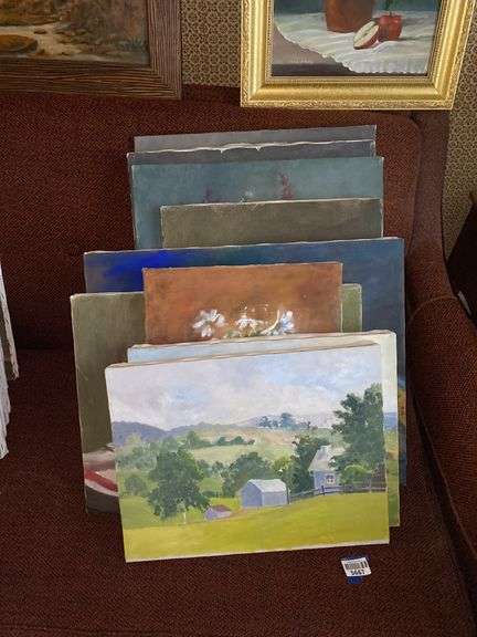 Group of oil paintings on canvas: landscapes, still lifes, portrait