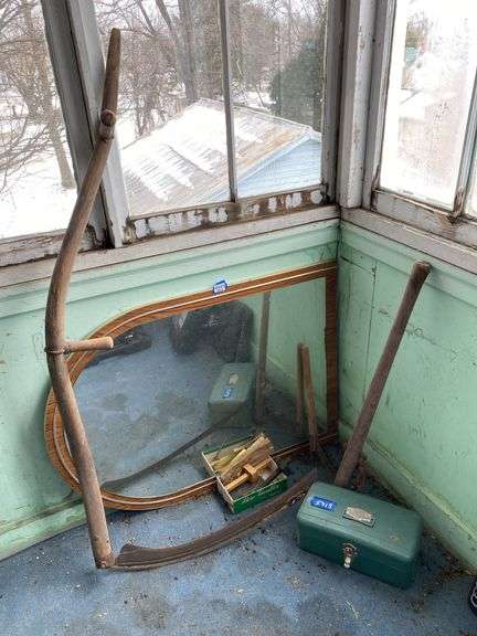 Scythe, wood scribes, misc tools, arched mirror, toolbox