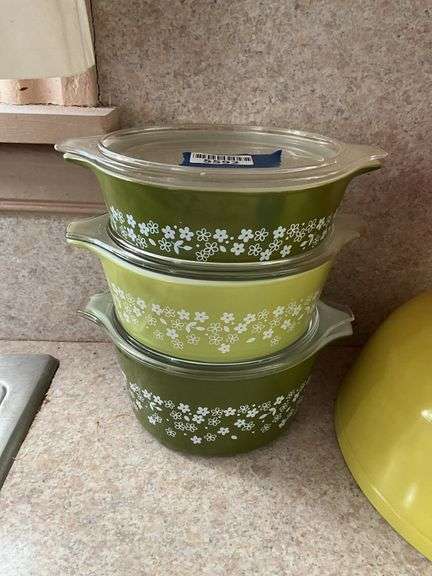 Three vintage Pyrex green Spring Blossom baking dishes w/ lids