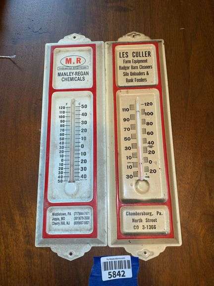 Two advertising wall thermometers: Les Culler/ Chambersburg PA, Manley-Regan Chemicals/ Middletown PA
