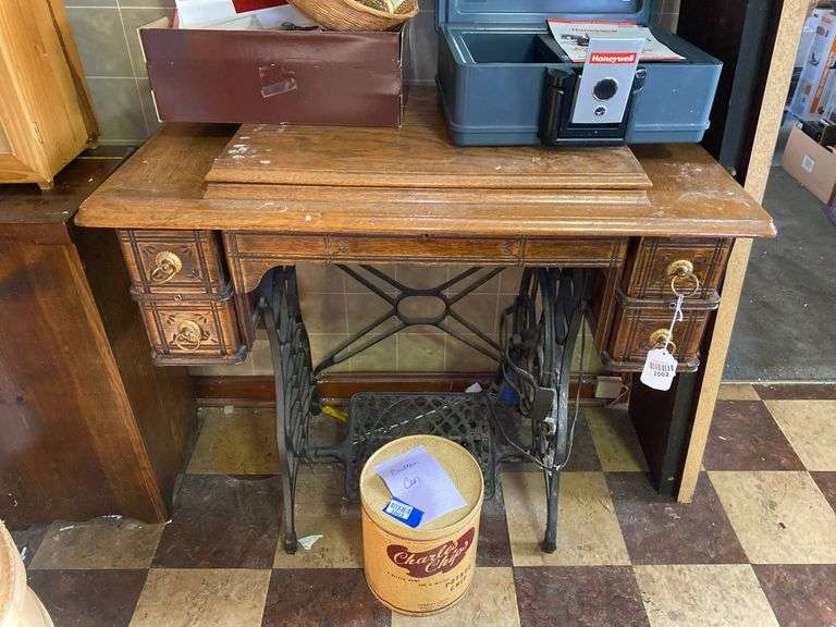 Pink Brother sewing machine in oak treadle cabinet - no top contents ...