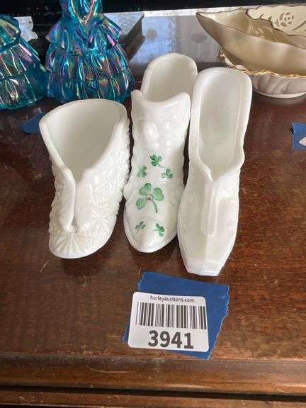 Three milk glass shoes including handpainted Fenton, baby bootie