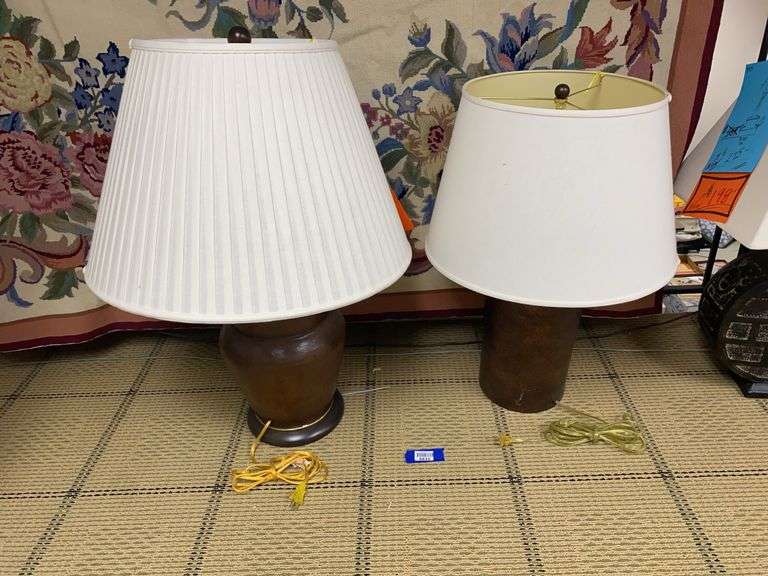 Two table lamps w/ shades: hammered copper look 32” and 27”