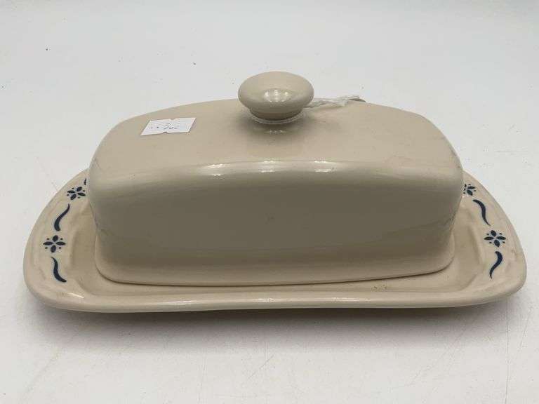 Longaberger pottery butter dish with cover blue trim