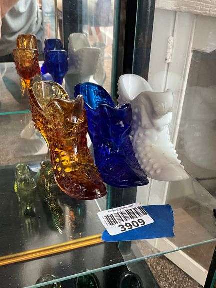 Three Fenton glass cat in shoes: amber, cobalt blue, milk glass
