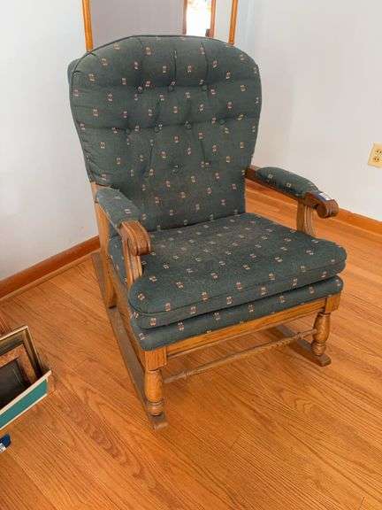 Oak rocking chair w/ green upholstery