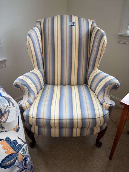 Pair of wing arm chairs in blue/yellow striped upholstery, w/ cabriole legs - by the pc take two