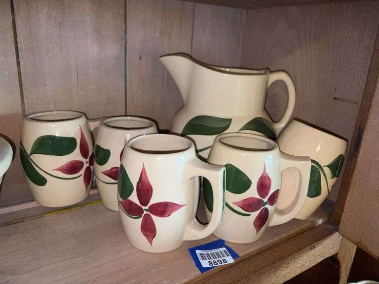 WATT ware pottery floral pattern pitcher and five mugs