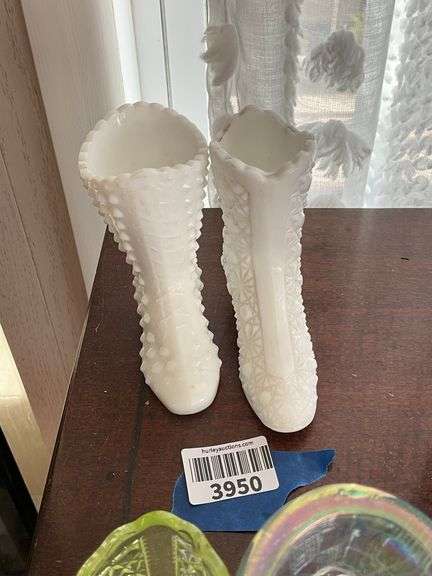 Two milk glass boots: hobnail, Daisy & Button