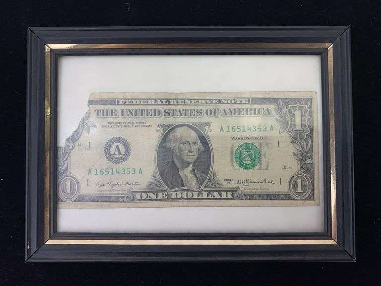 1977 one dollar bill, framed