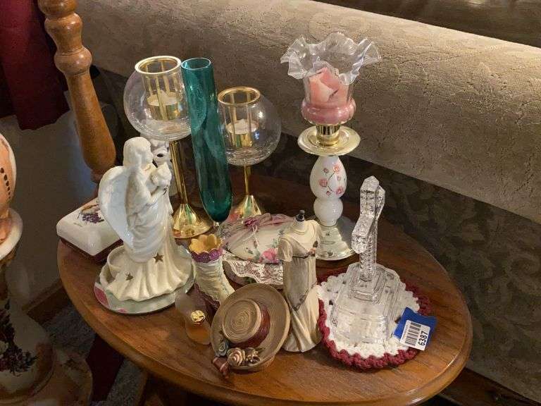 Decor items lot: angel figure, glass cross, votive holders, glass bud vase, shoe perfume bottle