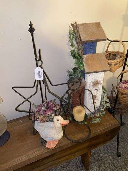Wrought metal star lantern and angel candle holder, quacking duck figure, decorative wood birdhouse