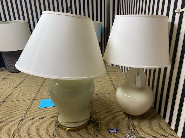 Two table lamps w/ shades: white ceramic 34” and 32”