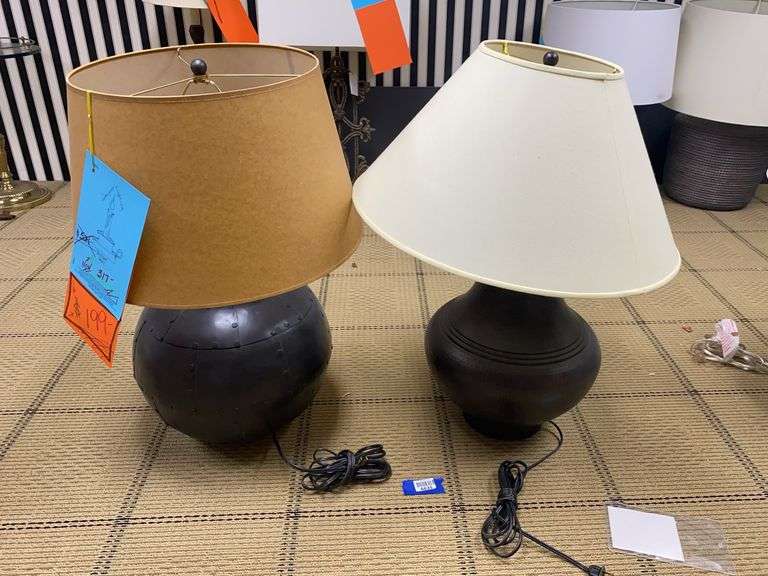 Two table lamps w/ shades: riveted and hammered metal look 28” and 29”