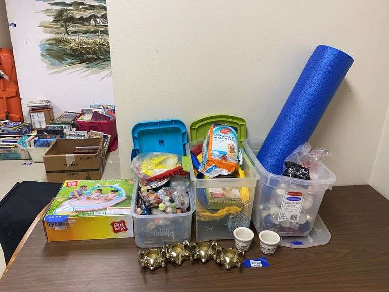 Child's play pool, craft supplies, pet supplies, candles, brass and Longaberger votive holders
