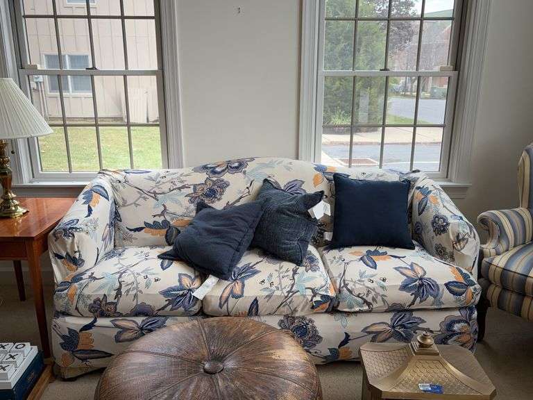 Sofa w/ blue & white floral slipcovers and coordinating throw pillows 81x34