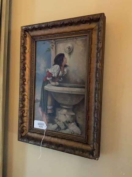 W. Downs painting after Bonnat, Roman girl at a fountain, gilt frame 15x21