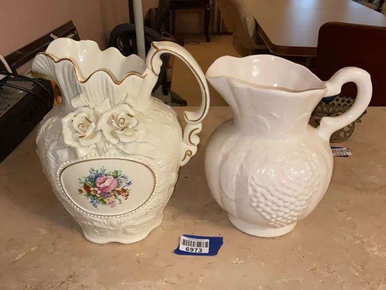 Floral decorated pitcher w/ applied rose petals & ribbons, and white ceramic pitcher w/ grapes