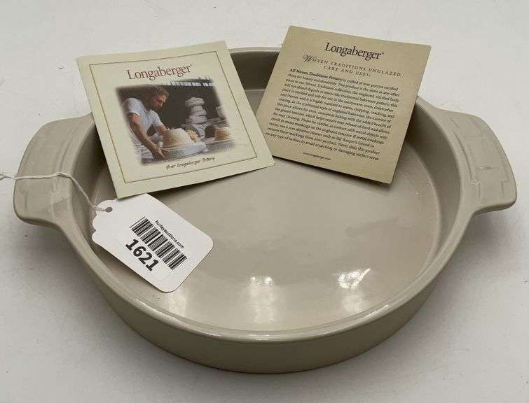 Longaberger pottery cake pan blue trim
