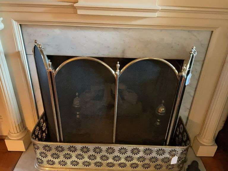 Folding brass fire screen and pair of andirons - fireplace fender not included 40in wide