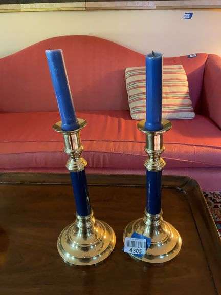 Pair of brass tone and cobalt blue candlesticks, w/ candles