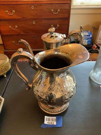 Tooled silverplate teapot and pitcher