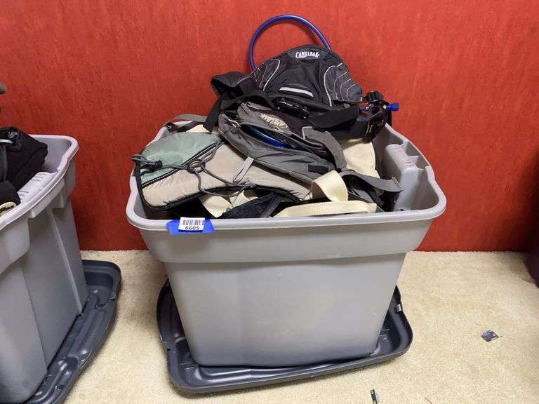 Plastic tote of various bags