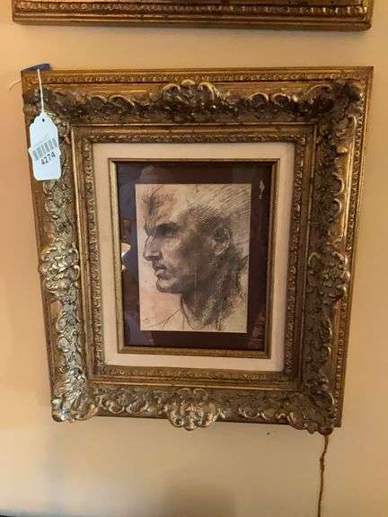 Andrea del Sarto print, Head of a man in profile, framed 16x18