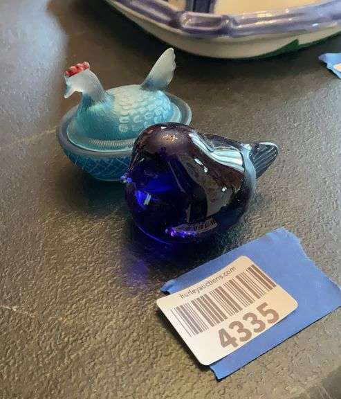Cobalt blue blown glass bird paperweight, glass hen-on-nest covered salt dish