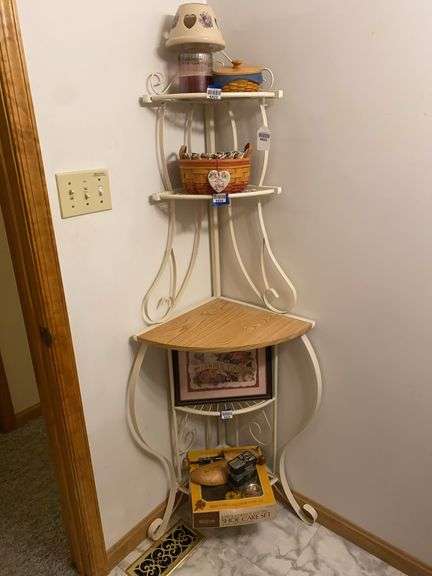 5-tier wrought metal corner shelf w/ wooden shelves - no contents