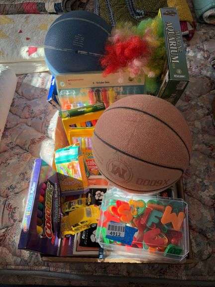 Basketballs, toy cars, markers, misc toys
