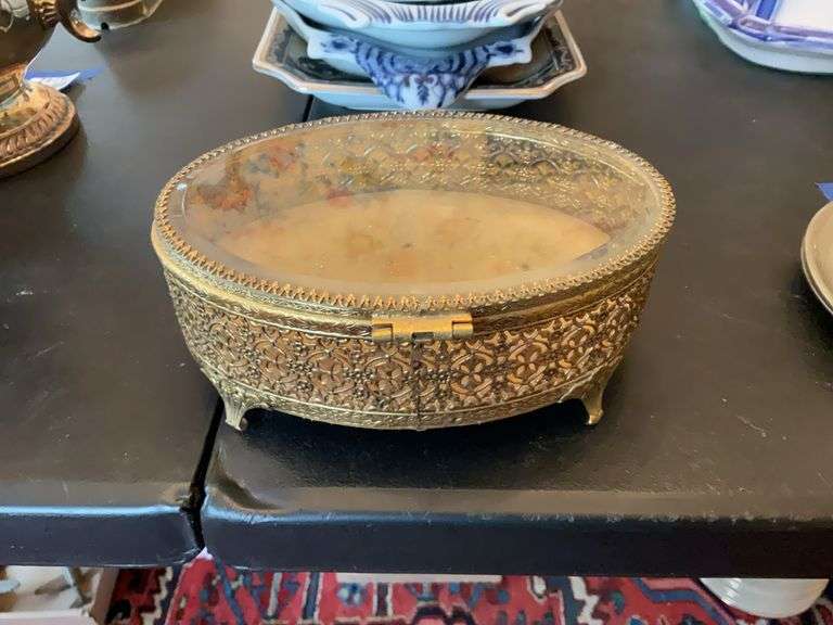 Oval pierced metal dresser/jewel box w/ beveled glass top