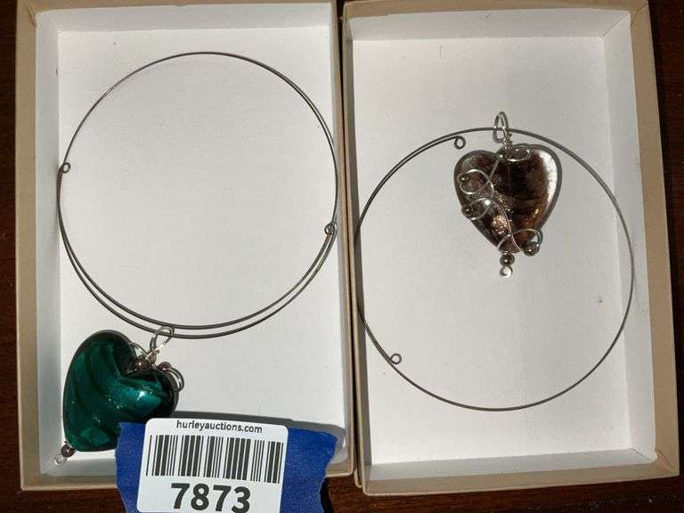 Costume jewelry: two wire necklaces w/ glass heart pendants
