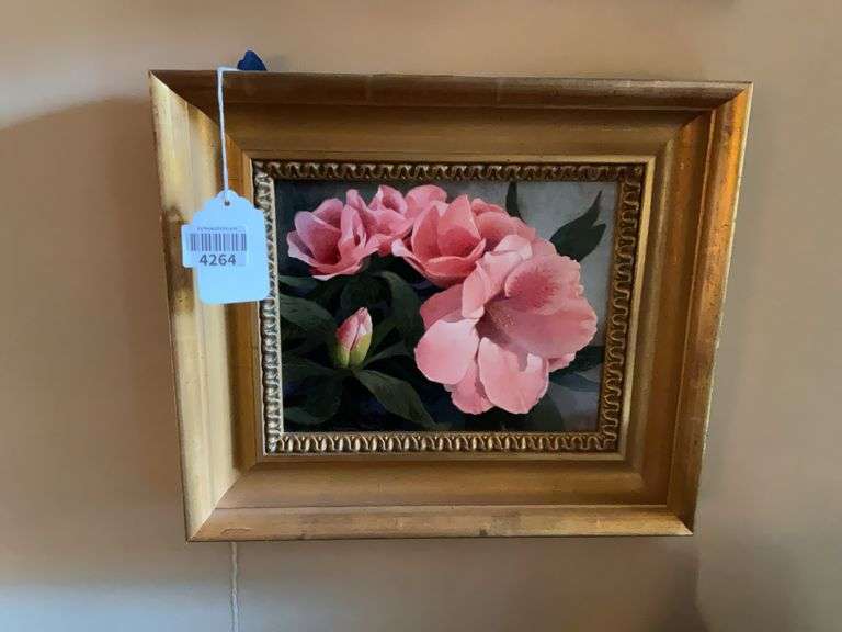 R. Benjamin Jones painting, pink azaleas, in gilt frame 13 x 15