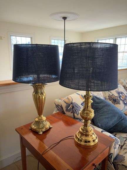 Two brass tone table lamps w/ shades - by the pc take two