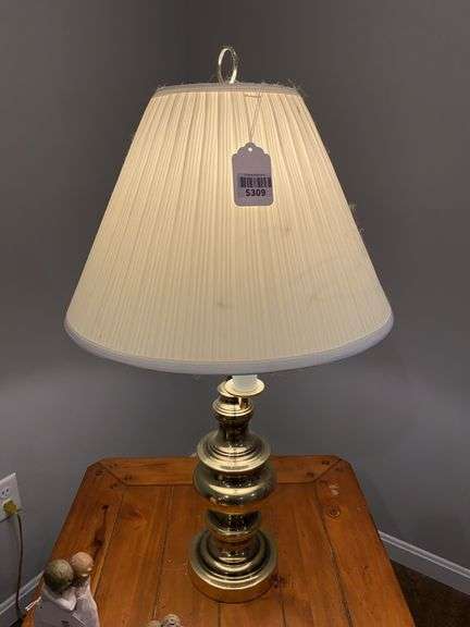 Pair of brass tone table lamps w/ fabric shades - by the pc take two