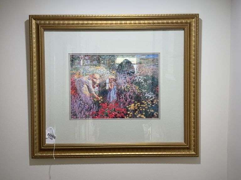Impressionist print, female and child in garden, signed, gilt frame 24x28