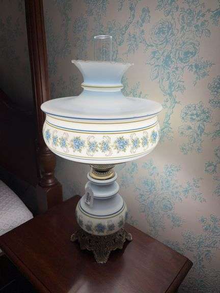 Pair of glass parlor lamps w/ blue floral decor - by the pc take two