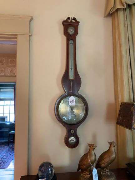 Banjo barometer/thermometer w/ inlaid stringing, engraved face