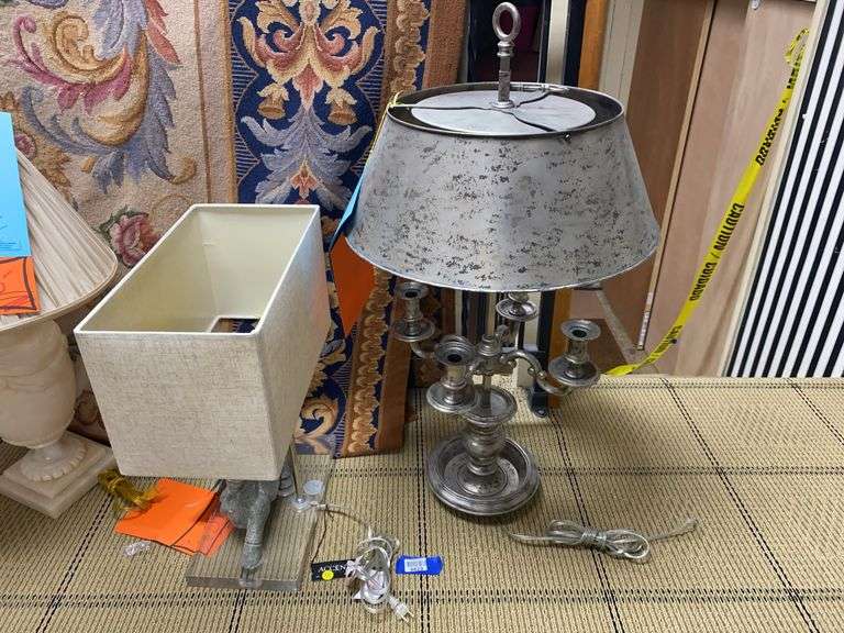 Two table lamps w/ shades: dragon base, and bouillotte lamp 21” and 35”