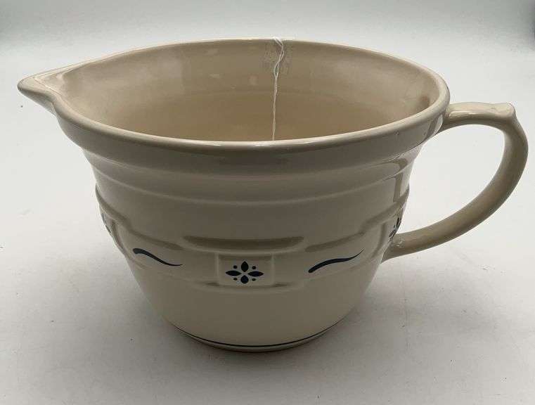Longaberger pottery batter bowl blue trim, chip on bottom