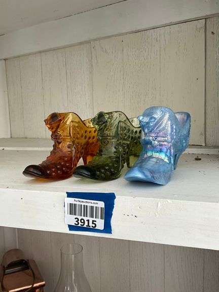 Three Fenton glass cat in shoes: amber, avocado, blue iridescent