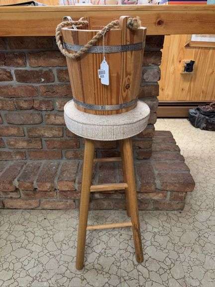 Staved wooden bucket w/ ladle, and round wooden stool w/ padded seat ...