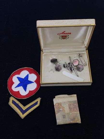 Abalone cufflink/shirt stud set, vintage French paper currency, US Army patches