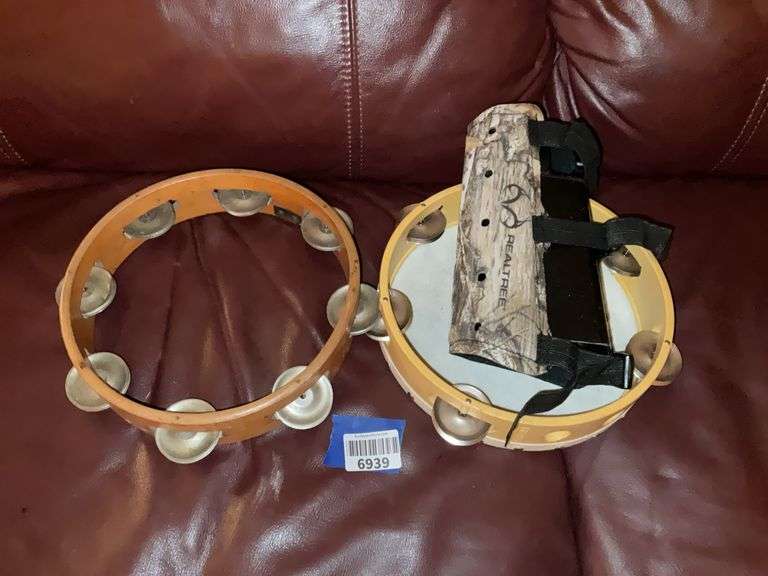 Two tambourines, percussion cowbell, Realtree arm guard
