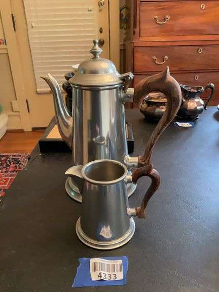 Steiff pewter lighthouse coffeepot and creamer w/ wooden handles