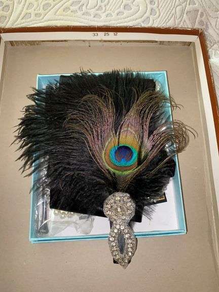 Feather fan w/ beaded hand grip, black opera gloves, pearls, rhinestone earrings