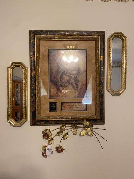 Framed print, pair of mirrors, roses & butterfly wall decor