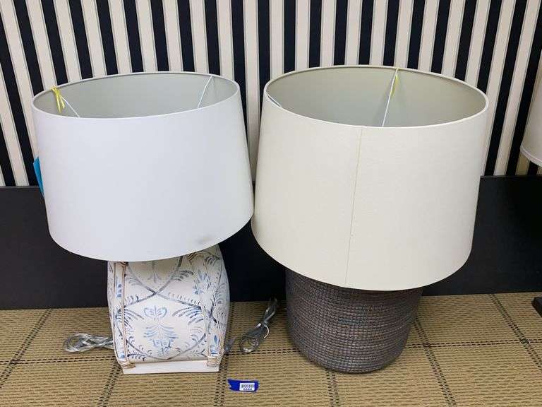 Two table lamps w/ shades: stenciled jar, coiled basketwork Both 29”
